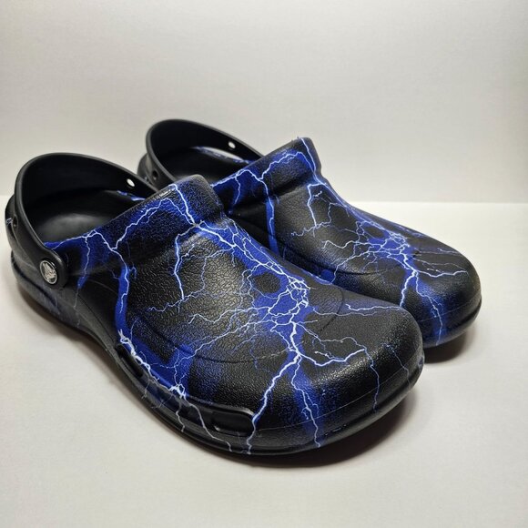 Crocs Bistro Mens Sz 9 Unisex Womans Sz 11 Black Blue Lightning Work Clog Shoes - Picture 1 of 10